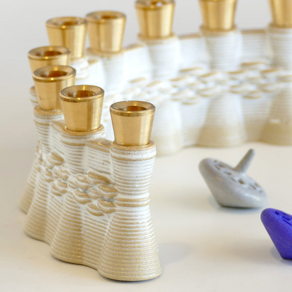 Modern Hanukkah Menorah - created in a unique method by a clay 3D Printer. Its gentle details and modest proportions - make it look like a jewel.  The Shamash placed at the middle of the arc.