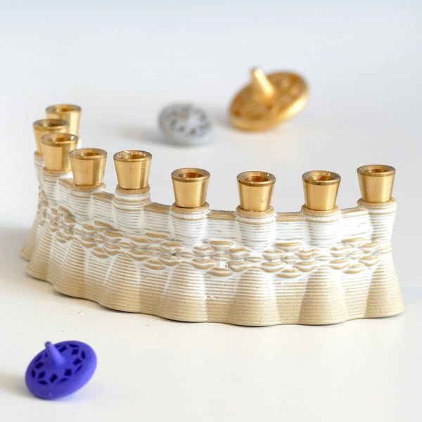 Modern Hanukkah Menorah - created in a unique method by a clay 3D Printer. Its gentle details and modest proportions - make it look like a jewel.  The Shamash placed at the middle of the arc.