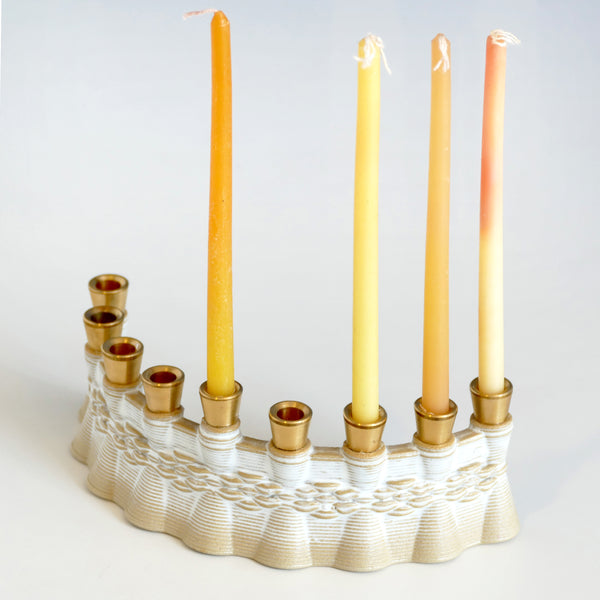 Modern Hanukkah Menorah - created in a unique method by a clay 3D Printer. Its gentle details and modest proportions - make it look like a jewel.  The Shamash placed at the middle of the arc.