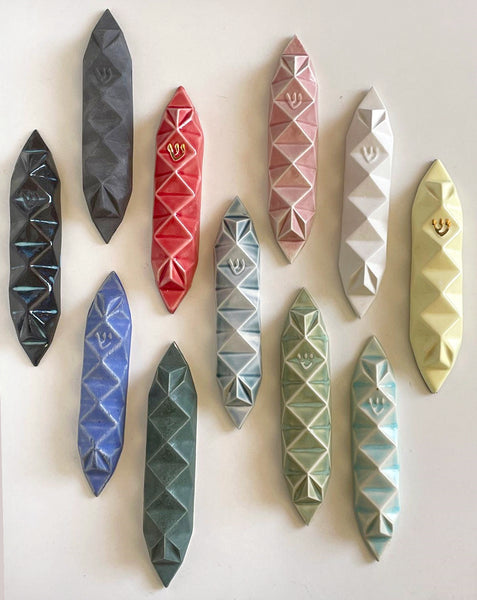 3 Mezuzah Cases Mystery Box, Origami Style Ceramic Mezuzahs for 4'' Scroll, in Various Glaze Shades, 50% Discount, Surprising Colors Combo
