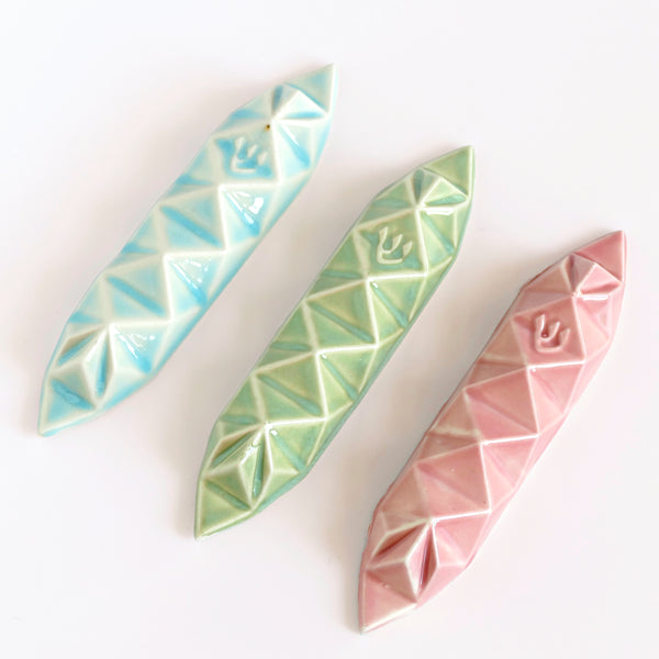 3 Mezuzah Cases Mystery Box, Origami Style Ceramic Mezuzahs for 4'' Scroll, in Various Glaze Shades, 50% Discount, Surprising Colors Combo
