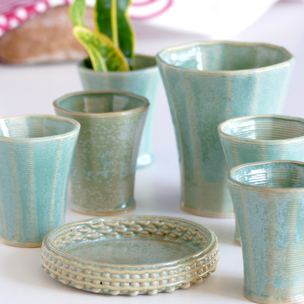 Early Bird Sale -Set of Shabbat Kiddush Cup and Six Small Goblets - 3D Printed Clay - Gentle Layers Pattern