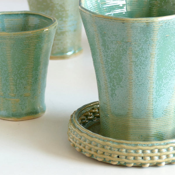 Early Bird Sale -Set of Shabbat Kiddush Cup and Six Small Goblets - 3D Printed Clay - Gentle Layers Pattern
