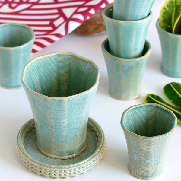 Early Bird Sale -Set of Shabbat Kiddush Cup and Six Small Goblets - 3D Printed Clay - Gentle Layers Pattern