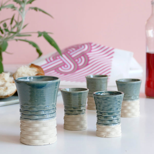Shabbat Table Set - Kiddush Cup with Six Small Wine Goblets - 3D Printed Clay - Beige and Emerald