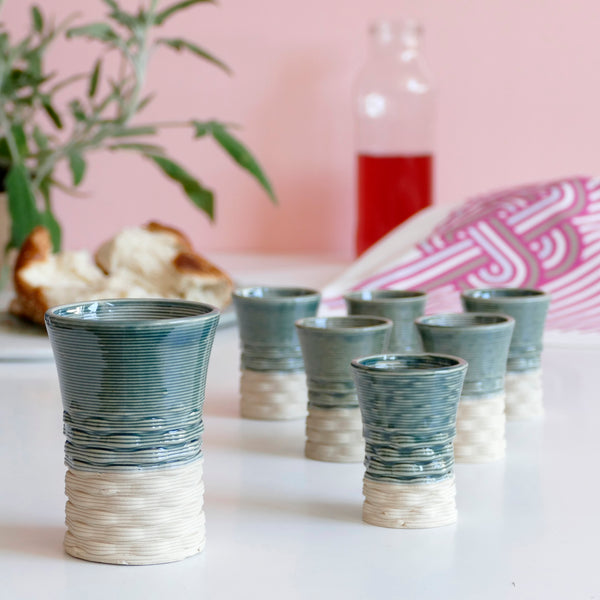 Shabbat Table Set - Kiddush Cup with Six Small Wine Goblets - 3D Printed Clay - Beige and Emerald