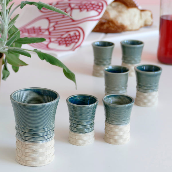 Shabbat Table Set - Kiddush Cup with Six Small Wine Goblets - 3D Printed Clay - Beige and Emerald