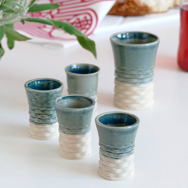 Shabbat Table Set - Kiddush Cup with Six Small Wine Goblets - 3D Printed Clay - Beige and Emerald