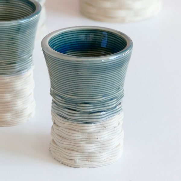 Shabbat Table Set - Kiddush Cup with Six Small Wine Goblets - 3D Printed Clay - Beige and Emerald