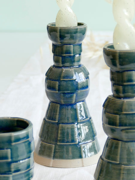 Seconds Sale - Shabbat Table Set, Pair of Shabbat Candlesticks, Kiddush cup, 3D Printed Clay, with Emerald Glaze, Checkered Pattern