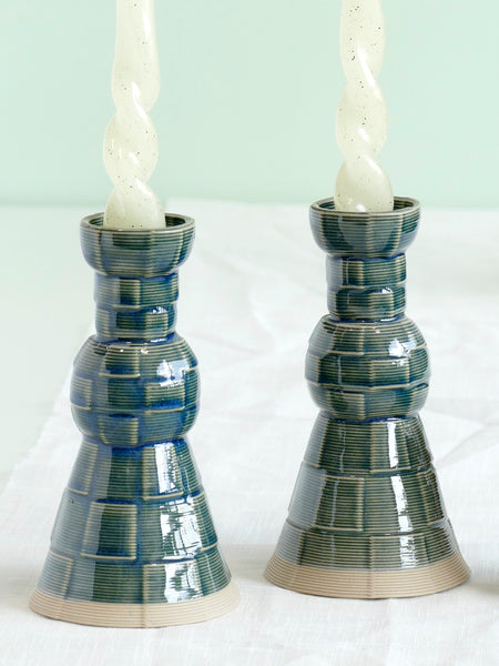 Seconds Sale - Shabbat Table Set, Pair of Shabbat Candlesticks, Kiddush cup, 3D Printed Clay, with Emerald Glaze, Checkered Pattern