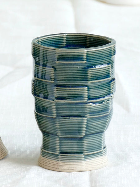 Seconds Sale - Shabbat Table Set, Pair of Shabbat Candlesticks, Kiddush cup, 3D Printed Clay, with Emerald Glaze, Checkered Pattern