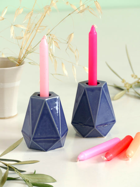 Pair of Shabbat Candlesticks, Ceramic with Royal Blue Glaze, Geometric Style