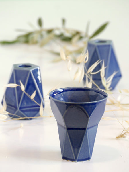 Shabbat Set of Kiddush Cup & Pentagon candleholders, Geometric Design, Slip Casted Clay with Glossy Blue Glaze