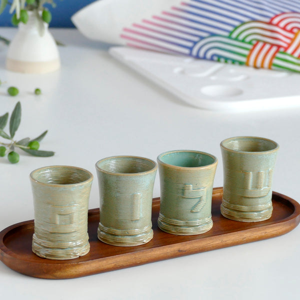 Set of Personal Kiddush Cups, 3D Printed Clay, for Early Adopters, Customized with Hebrew Letters, with Oval Bamboo Plate, Shabbat Family Set