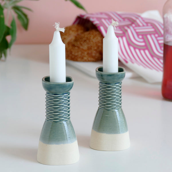 gift for contemporary judaica lovers - Early Bird Sale, Pair of Candlesticks - Square Shape Weaving Pattern 3D Printed Clay Beige with Emerald Glaze