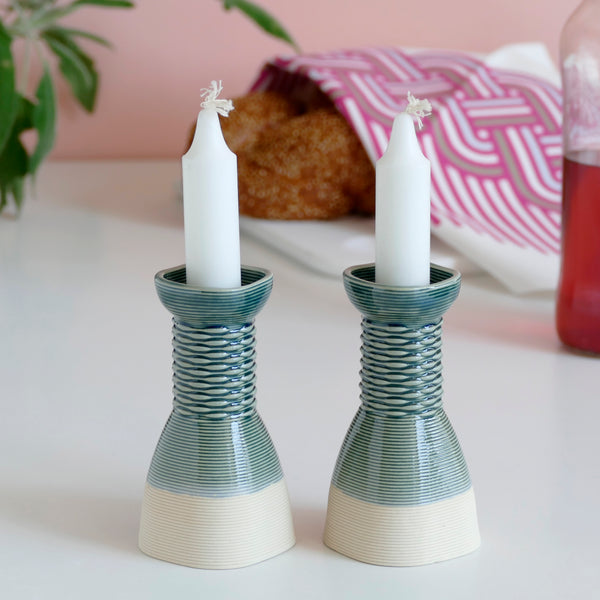 gift for contemporary judaica lovers - Early Bird Sale, Pair of Candlesticks - Square Shape Weaving Pattern 3D Printed Clay Beige with Emerald Glaze