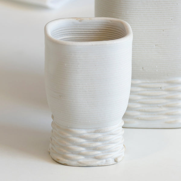 elegant Kiddush cups set has clean square shape with weaving pattern at its bottom - created in a unique method by a clay 3D Printer.