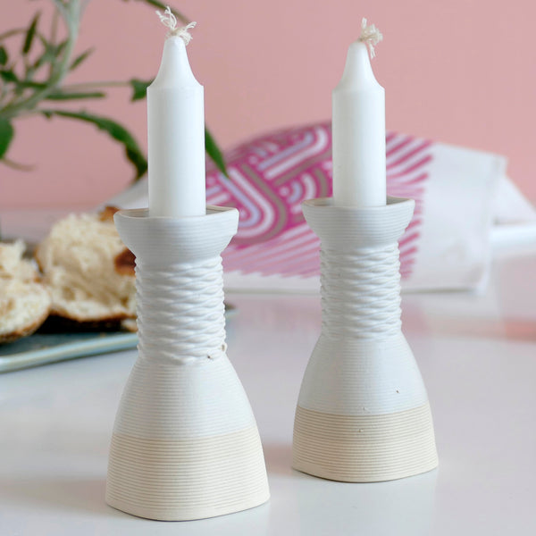 This elegant pair of candlesticks, rounded square shape, with weaving pattern - created in a unique method by a clay 3D Printer.