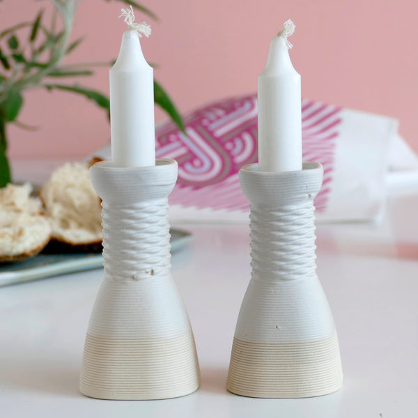 modern judaica - 3d printed in clay - This elegant pair of candlesticks, rounded square shape, with weaving pattern - created in a unique method by a clay 3D Printer.
