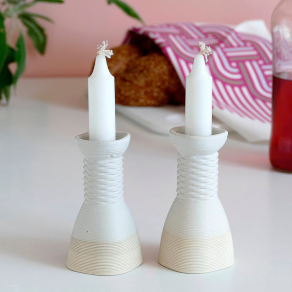 modern judaica - 3d printed in clay - This elegant pair of candlesticks, rounded square shape, with weaving pattern - created in a unique method by a clay 3D Printer.