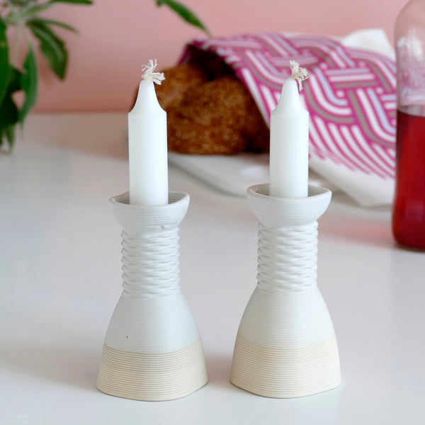 modern judaica - 3d printed in clay - This elegant pair of candlesticks, rounded square shape, with weaving pattern - created in a unique method by a clay 3D Printer.