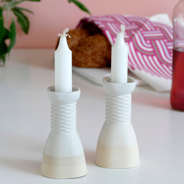modern judaica - 3d printed in clay - This elegant pair of candlesticks, rounded square shape, with weaving pattern - created in a unique method by a clay 3D Printer.