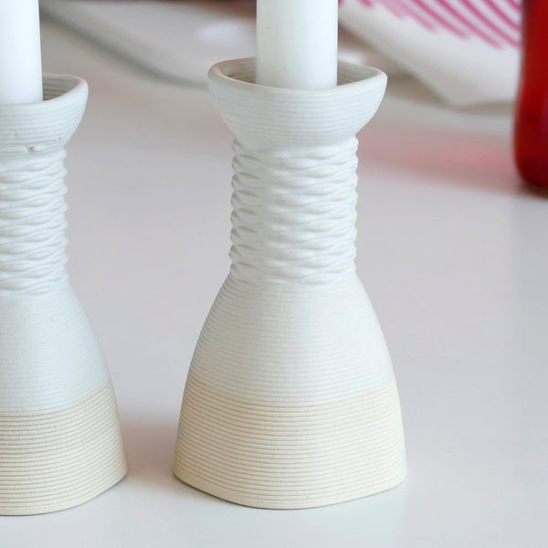 modern judaica - 3d printed in clay - This elegant pair of candlesticks, rounded square shape, with weaving pattern - created in a unique method by a clay 3D Printer.