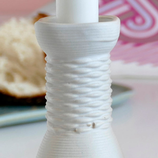 modern judaica - 3d printed in clay - This elegant pair of candlesticks, rounded square shape, with weaving pattern - created in a unique method by a clay 3D Printer.