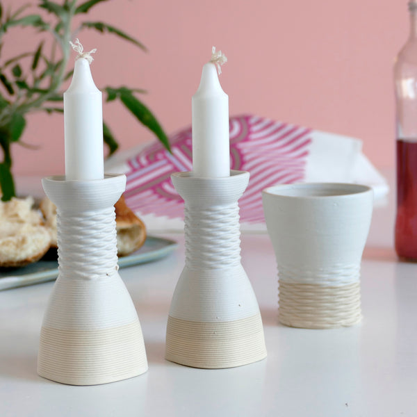 contemporary Shabbat table - Early Bird Sale, Pair of Candlesticks - Square Shape Weaving Pattern 3D Printed Clay Beige and Off White