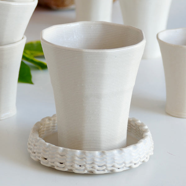 This elegant Kiddush set includes a wine goblet and a matching plate, designed in polygon shape - created in a unique method by a clay 3D Printer.