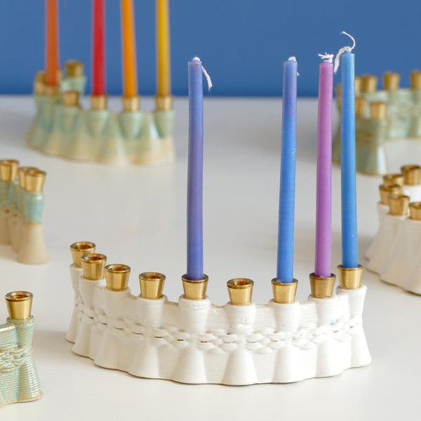 OOAK Early Bird 25% Off 4- Hanukkah Menorah for Early Adopters - 3D Printed Clay - Weaving Pattern in White Glaze