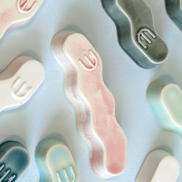Original Mezuzah case design - clean geometric lines, pop Zig Zag shape, molded in clay, sealed in washed pink glaze. Inspired by pop art, and 80's style, this is a minimalist sophisticated addition to your home entrance and indoor openings.