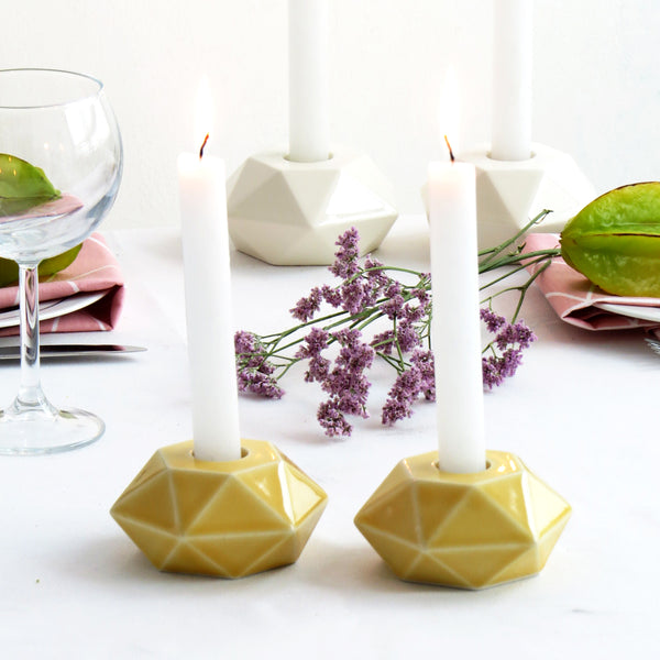 Shabbat candle holders, flat hexagon yellow ceramic