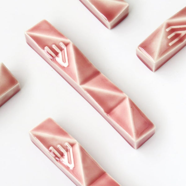 Pink mezuzah case - modern geometric style, clay with pink glaze
