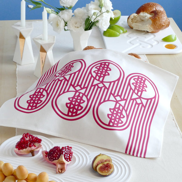Challah Cover for Rosh Hashanah Table, Op-Art Pomegranate Print, in Deep Red, Finest Digital Print.