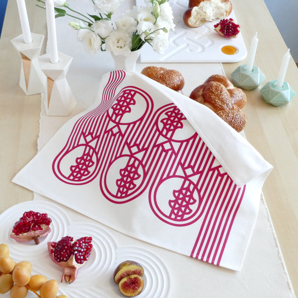 Challah Cover for Rosh Hashanah Table, Op-Art Pomegranate Print, in Deep Red, Finest Digital Print. 