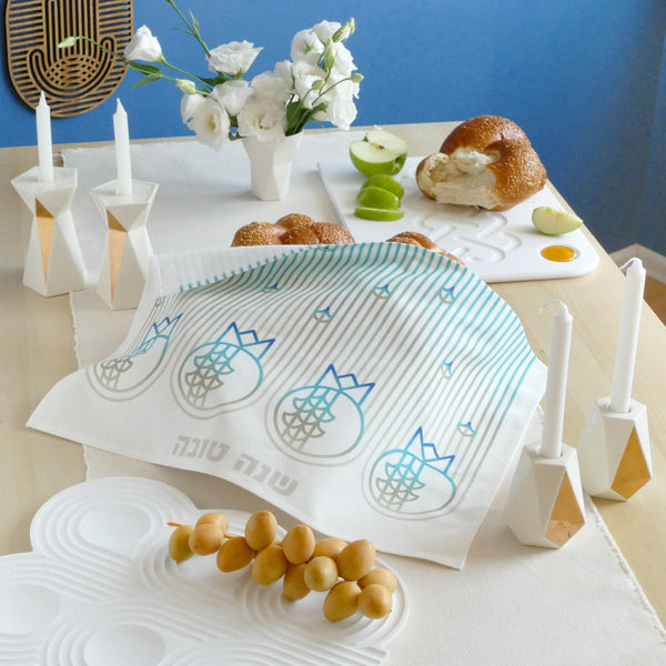 contemporary Rosh Hashsanah table - minimalist pomegranate Challah cover