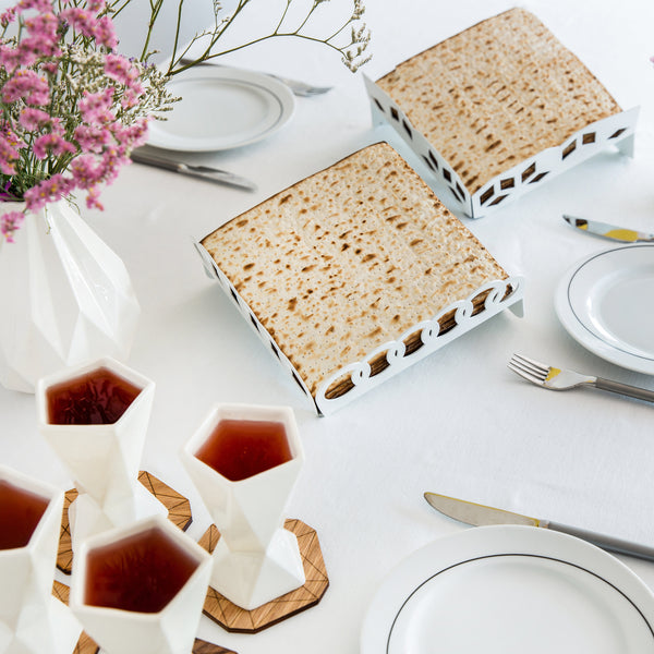 Passover unique gift - Elevated Matzah tray- white metal with rings pattern - made in Israel