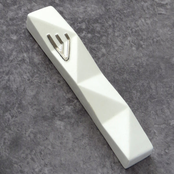modern mezuzah case, off white ceramic with silver "shin", geometric minimalist style, on sale