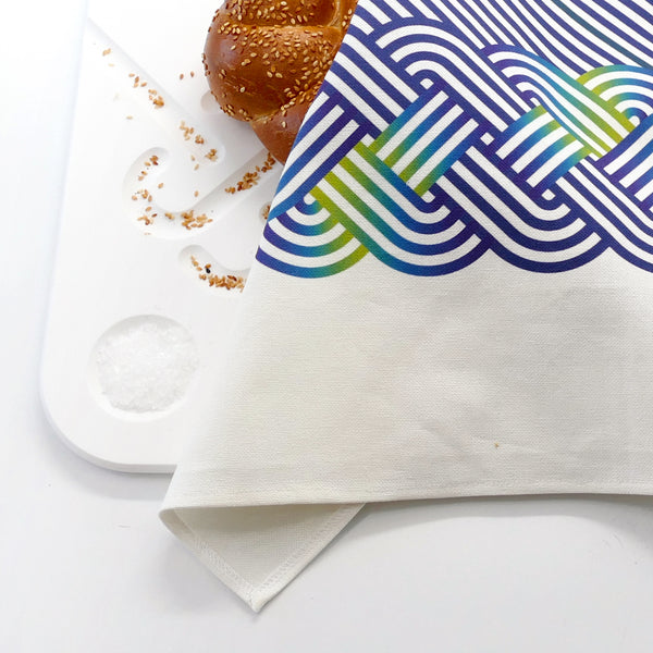 navy Blue with apple green high lights - op art Challah print on Shabbat table linen