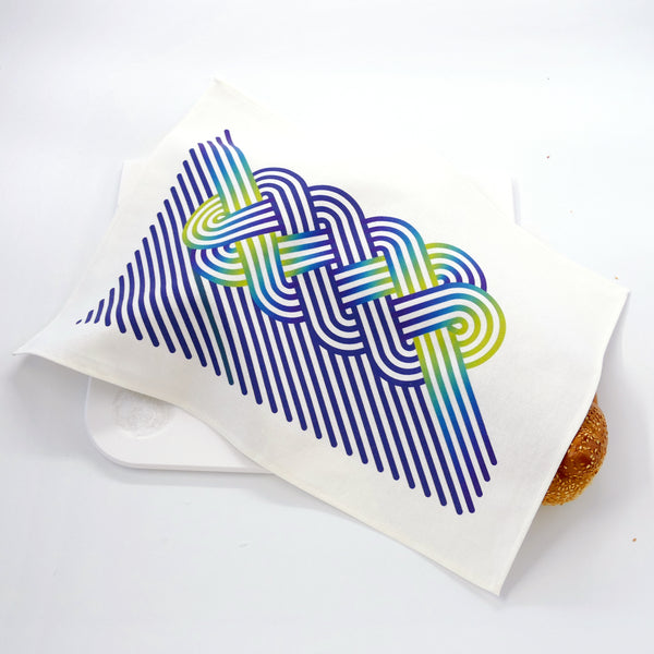 navy Blue with apple green high lights - op art Challah print on Shabbat table linen