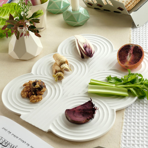 Corian Seder plate - minimakist geometric - white, op art style - for modern Jewish family