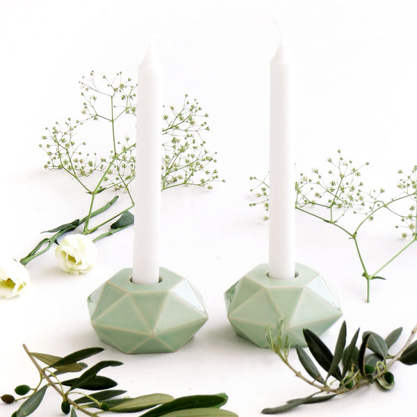 Shabbat candlesticks - ceramic, Pale - green, hexagon shape, Handmade in Israel