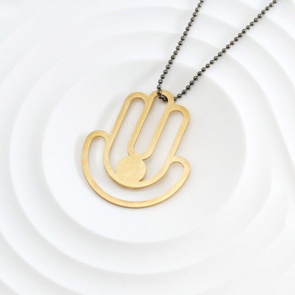 Geometric Hamsa Pendant Made of Golden Brass- Hamsa with a Dot