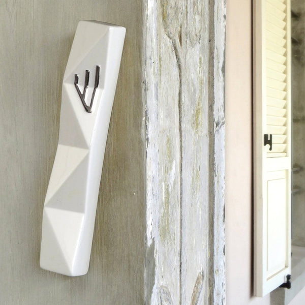 Mezuzah case - modern, Off white ceramic, with silver shin