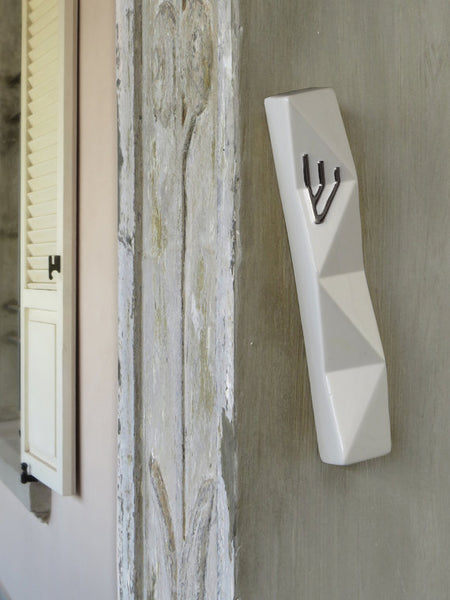 modern mezuzah case, off white ceramic with silver "shin", geometric minimalist style, on sale