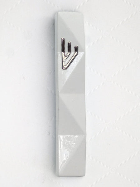 modern mezuzah case, off white ceramic with silver "shin", geometric minimalist style, on sale