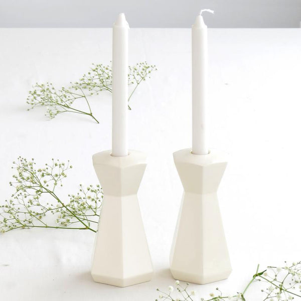 Imperfection Sale - 50% Off - Pair of Shabbat Candle Holders, White Ceramic, Minimalist Hexagon Candleholders