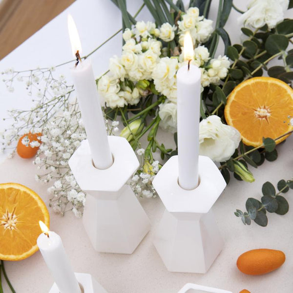 holiday table decor - with ceramic candlesticks and fresh fruits